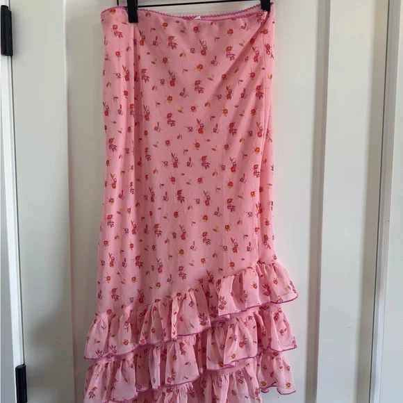 Kimchi Blue Pink Floral Maxi Skirt with Ruffle Tiers - Picture 1 of 3